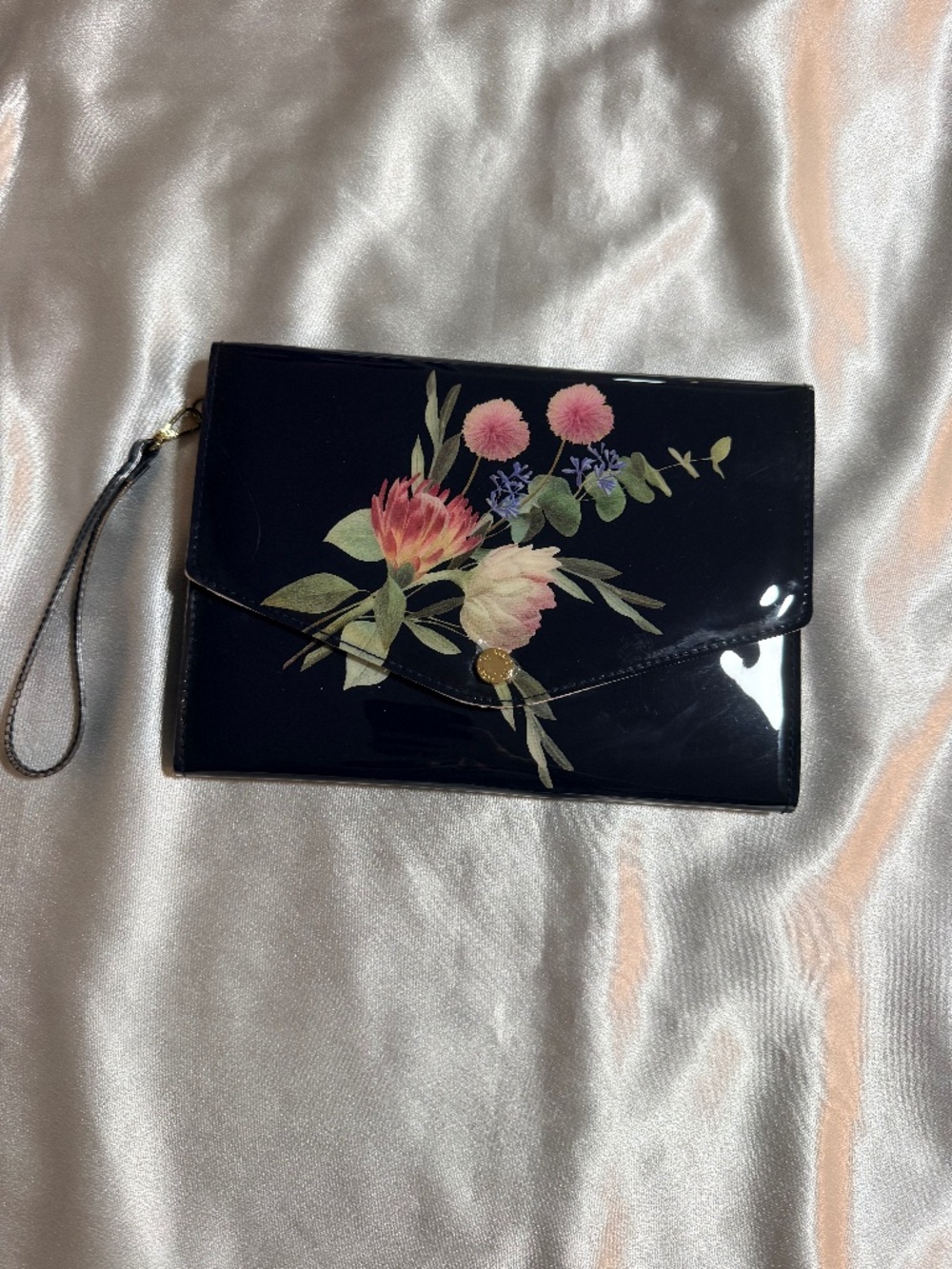 Ted Baker London Black Floral Patent Envelope Clutch Wristlet